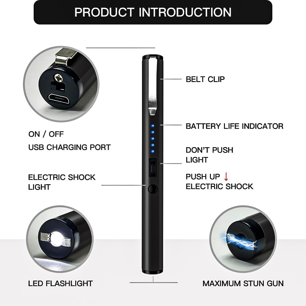 40,000,000 Volts Pen Stun Gun Flashlight with battery meter and pocket clip Black - Image 2